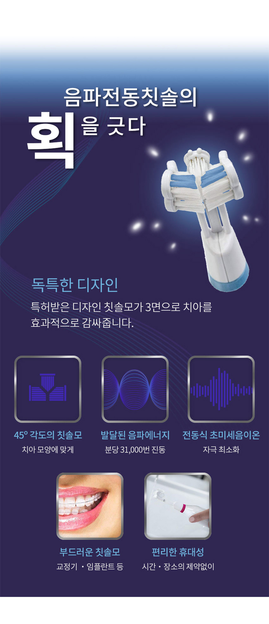 트리플 브리스틀 치과의사가 만든 3중모 자동칫솔 3단계 음파 전동칫솔 세트 상세이미지
